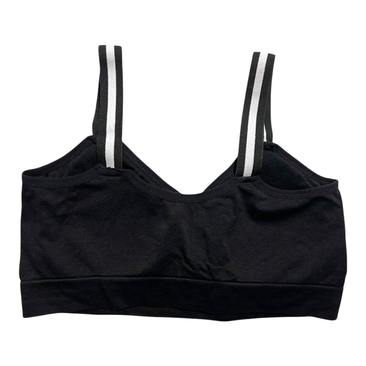 The photo displays a flat lay of the back of the black bra which closely resembles a sports bra. The straps are black and white. To promote easy access the straps are equipped with buttons on the front to slide the straps into.
