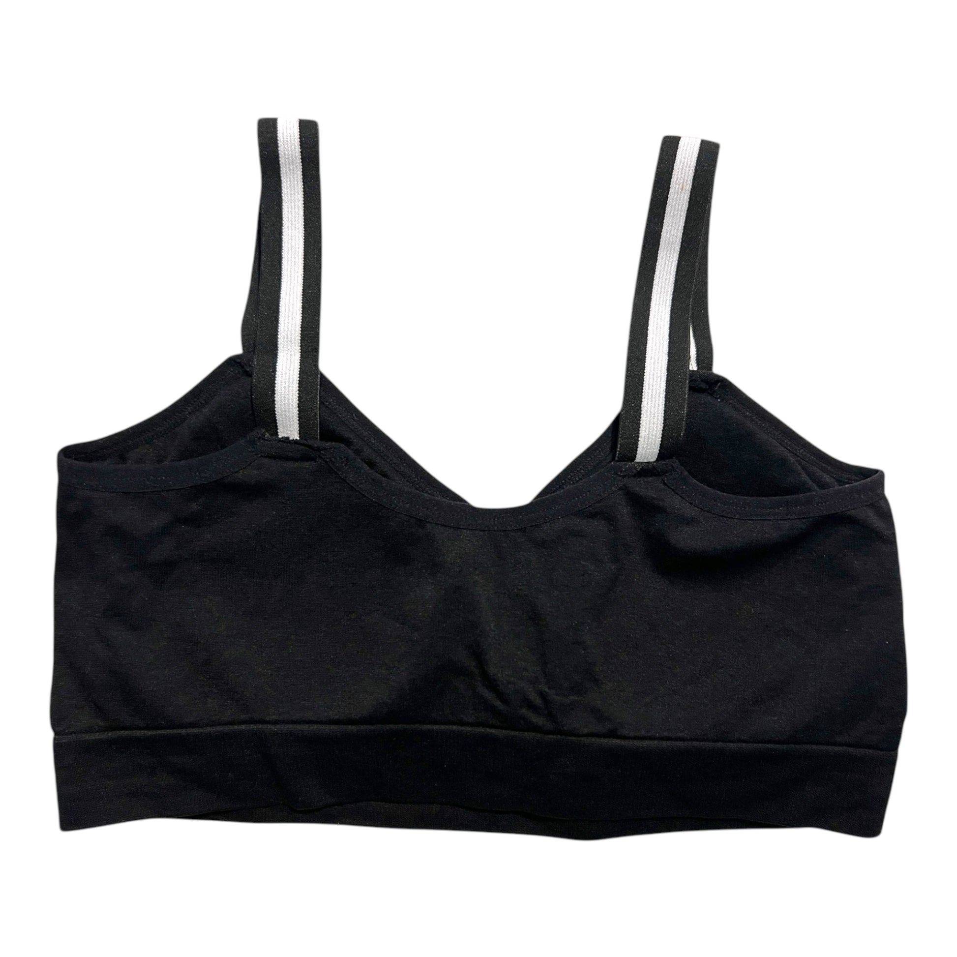 The photo displays a flat lay of the back of the black bra which closely resembles a sports bra. The straps are black and white. To promote easy access the straps are equipped with buttons on the front to slide the straps into.
