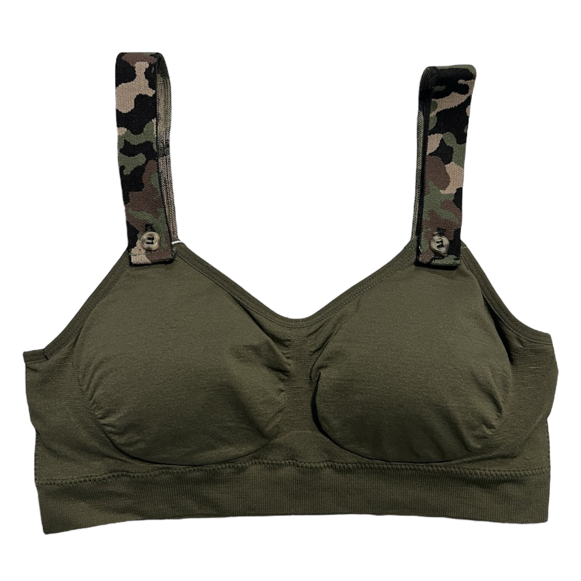 The photo displays a flat lay of a army green bra which closely resembles a sports bra. The straps are camouflage of tan, black, and green. To promote easy access the straps are equipped with buttons on the front to slide the straps into.
