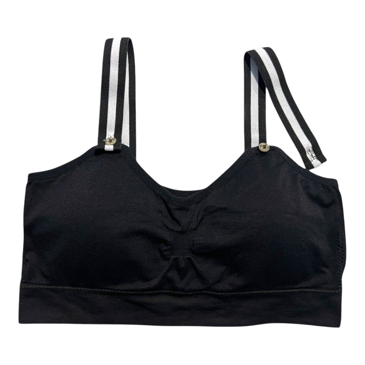 The photo displays a flat lay of a black bra which closely resembles a sports bra. The straps are black and white. To promote easy access the straps are equipped with buttons on the front to slide the straps into. \