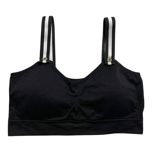 The photo displays a flat lay of a black bra which closely resembles a sports bra. The straps are black and white. To promote easy access the straps are equipped with buttons on the front to slide the straps into.
