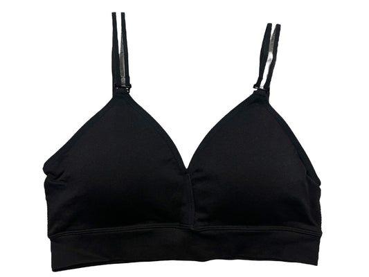 The photo depicts a t-shirt texture black plunge bra with sheer straps.