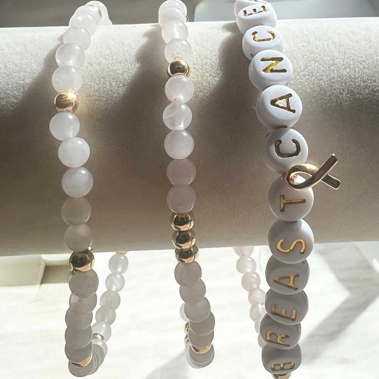 7" Breast Cancer Awareness Rose Quartz Bracelet Set