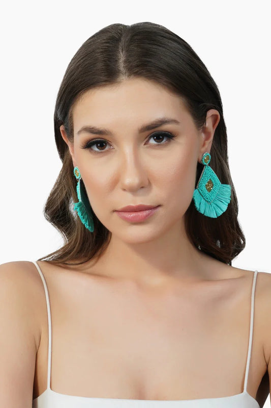 Fan Aqua Green Raffia Earrings - Kendrick Line Designs