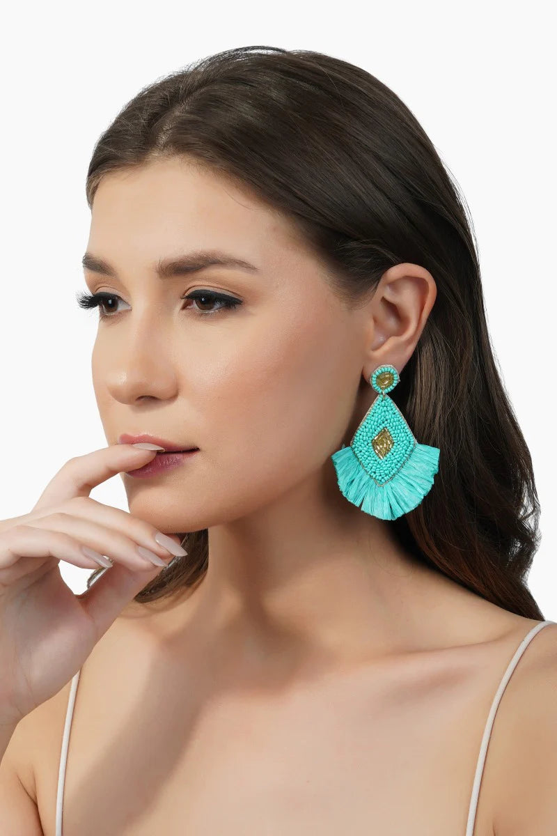 Fan Aqua Green Raffia Earrings - Kendrick Line Designs