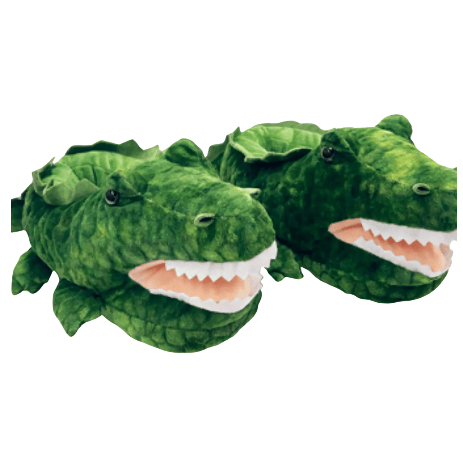 Green Kids Alligator Slippers designed with dark green lines to create a sense of scales. The alligator slippers are bearing a pink mouth, white full set of teeth, four little tiny legs, black and green eyes, nostrils, and "scales" around where the feet slip in.