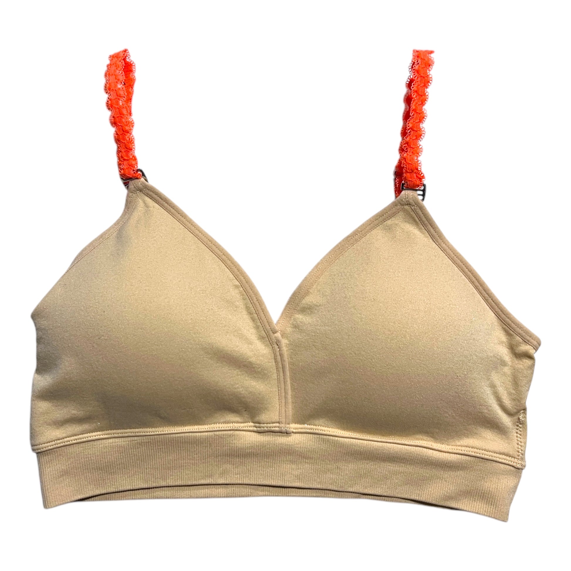 The photo depicts a nude plunge bra with bright orange straps. The material is soft and feels like a t-shirt.