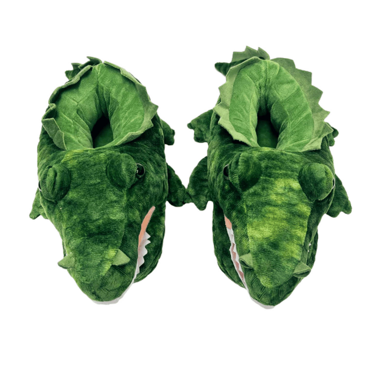 Top View of Green Kids Alligator Slippers designed with dark green lines to create a sense of scales. The alligator slippers are bearing a pink mouth, white full set of teeth, four little tiny legs, black and green eyes, nostrils, and "scales" around where the feet slip in.