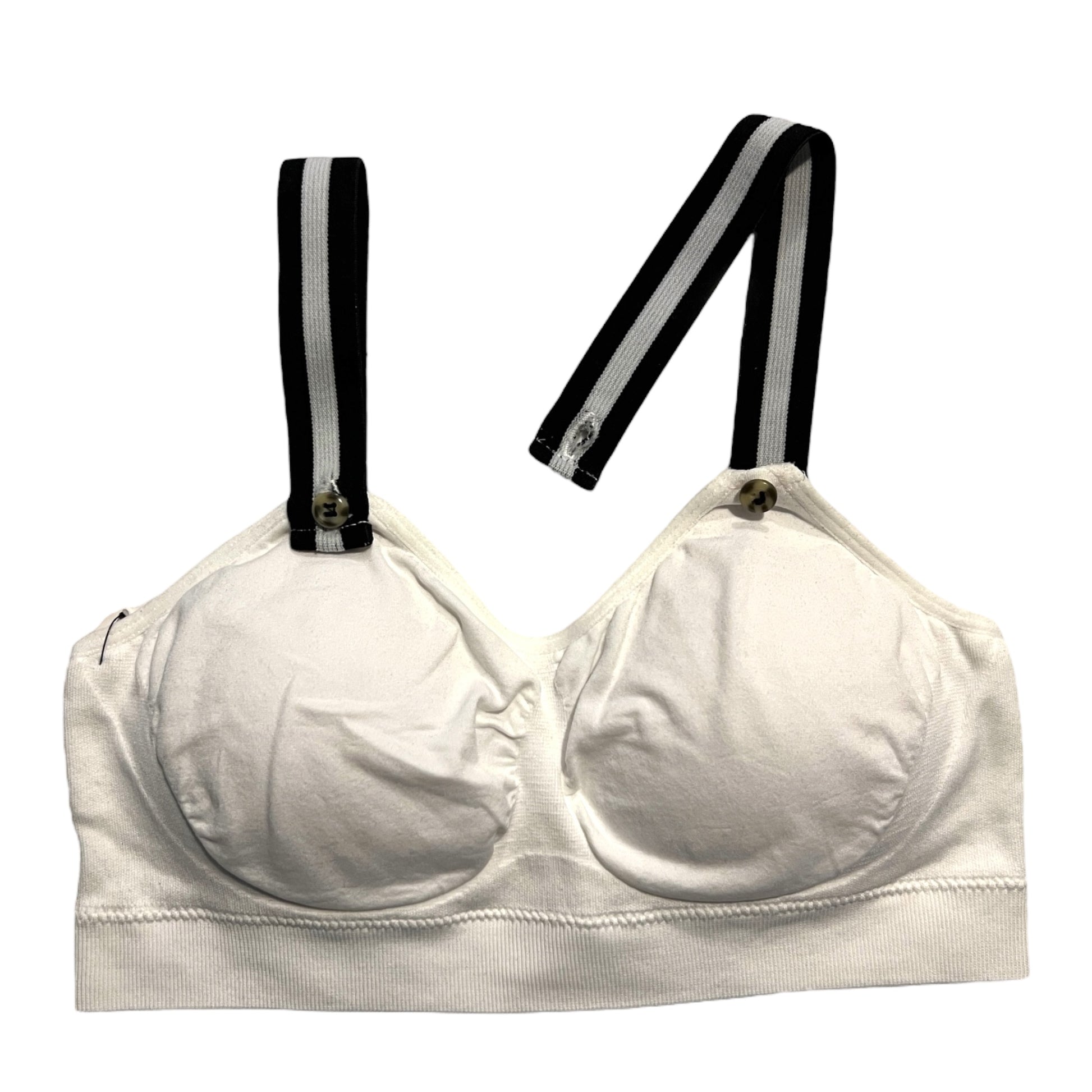 The photo displays a flat lay of a white bra, with an unbuttoned strap, which closely resembles a sports bra. The straps are black and white. To promote easy access the straps are equipped with buttons on the front to slide the straps into.